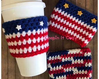Crochet USA Flag Cup Cozy- USA Flag Cozy, America 250, July 4th Celebrations, Tea, Iced Coffee, Reusable To Go Cup Sleeve, Cold Drink Sleeve
