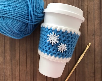 Christmas Snowflake,  Crochet Coffee Tea Cup Cozy, Iced Beverage Cup Cozy, Reusable To Go Cup Sleeve, Cold Drink Sleeve, Coffee Cup Sleeve