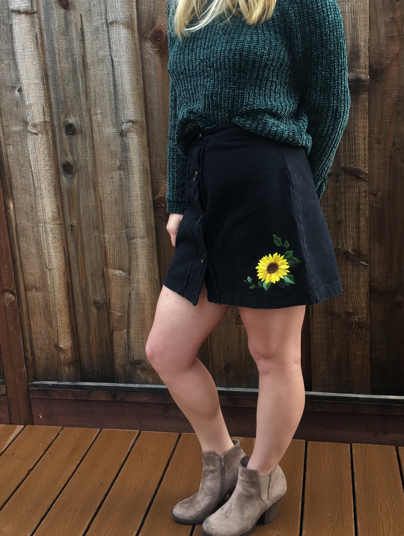 Sunflower Embroidered Denim Skirt Etsy
