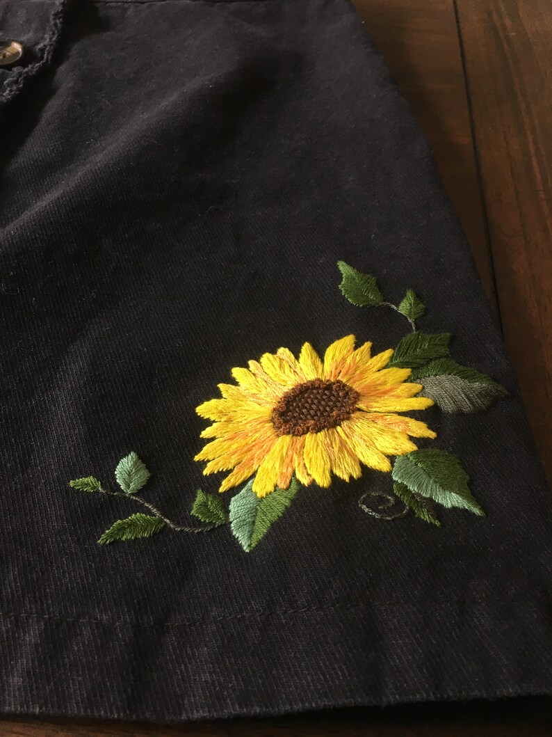 Sunflower Embroidered Denim Skirt Etsy