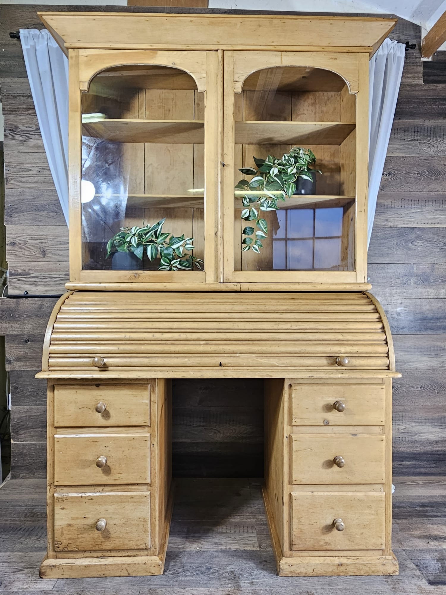 Victorian Solid Pine Roll Top Desk Bookcase