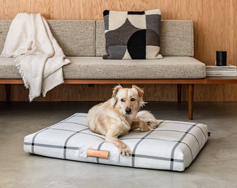 White plaid modern dog bed, Washable orthopedic mattress, Minimalist replacement cover with travel handle, fits in crate