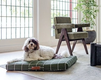 Modern Orthopedic Dog Bed Cover, Hunter Green Grid, Washable Pet Crate Bed