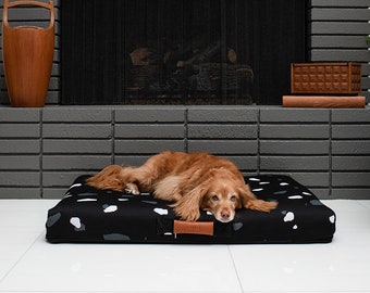 Black terrazzo modern dog bed, Orthopedic mattress, Washable midcentury replacement cover with handle