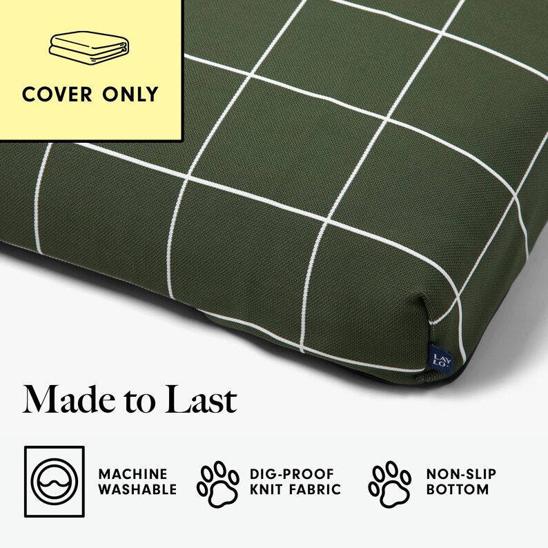 Minimalist modern dog bed duvet cover, Green Grid replacement pet cover with handle