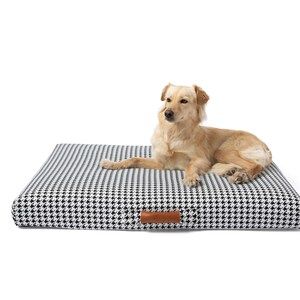 Houndstooth modern dog bed, Washable orthopedic mattress, Black and White replacement cover with travel handle