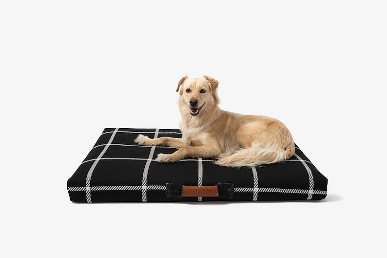 May include: A golden-colored dog rests on a black and white plaid dog bed. The bed has a rectangular shape with a brown leather handle on one side. The dog is looking at the camera.