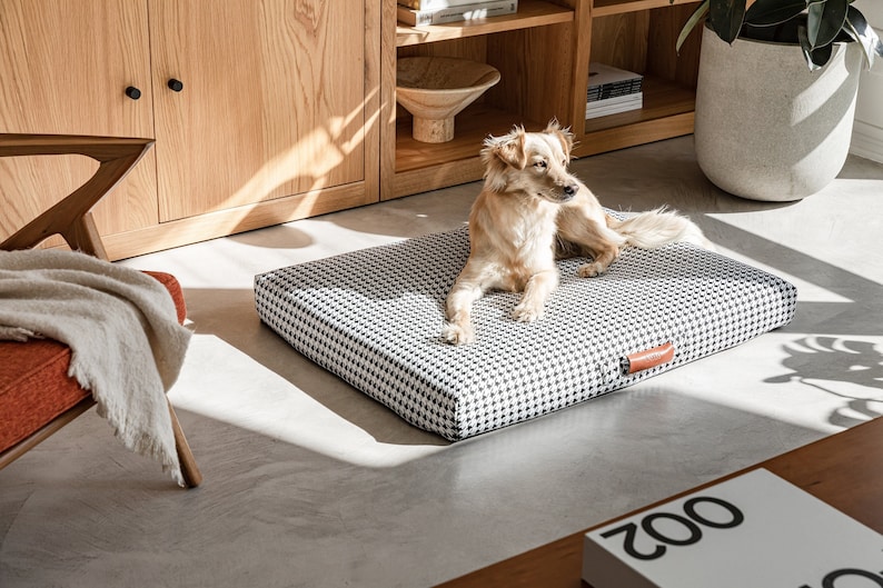 Houndstooth modern dog bed, Washable orthopedic mattress, Black and White replacement cover with travel handle
