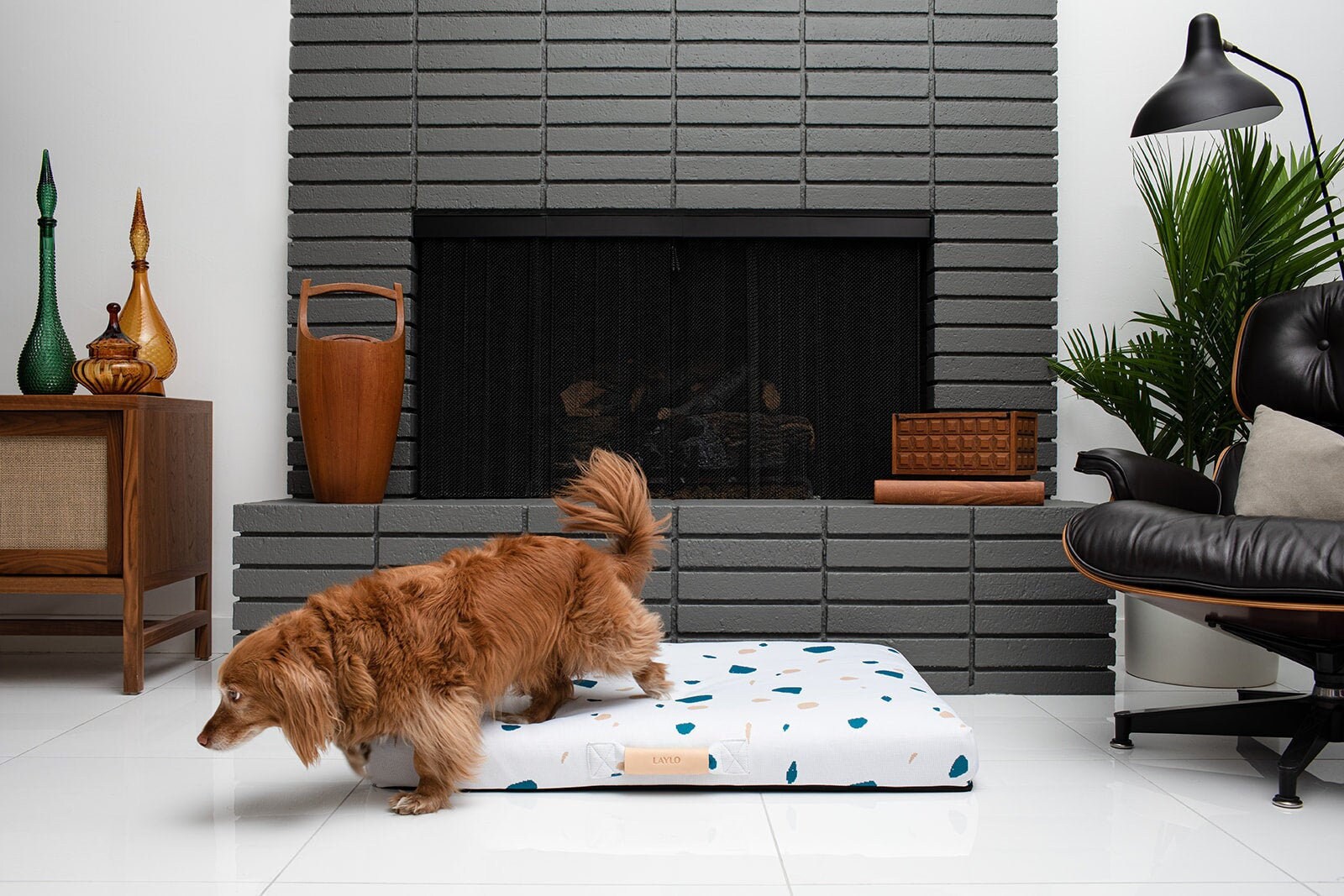 Midcentury Modern Dog Bed, Orthopedic Mattress, Washable Terrazzo Replacement Cover With Handle