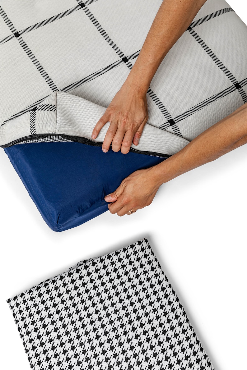 Houndstooth modern dog bed, Washable orthopedic mattress, Black and White replacement cover with travel handle