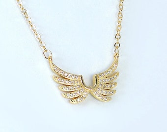 Shimmering Gold Angel Wings Charm Necklace, Bride to be, Valentine's Day Gift For Her, Galentine's Day,  Statement Necklace Cz