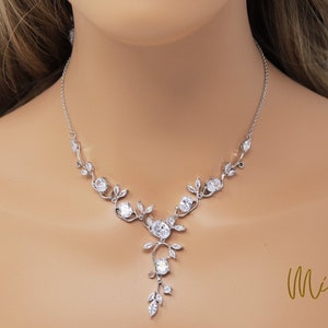 Swarovski Crystal Floral Vine Leaves Necklace, Long Bridal Jewelry, Bridal Earrings And Necklace, Statement Earrings Cz Necklace Set.