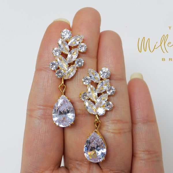 Cubic Zirconia Diamond Leaves lange druppel kristal, diamanten oorbellen, lange bruidsoorbellen, kristallen bruidsoorbellen, statement oorbellen