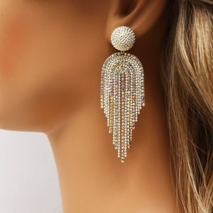 Gold Swarovski AB Crystal Chandelier Diamond earrings, Long Tassel Bridal Jewelry Bridal Earrings Crystal Bridal Earrings Statement earrings