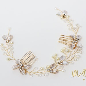 Cristales de oro deja enredadera/peine para el cabello de boda, enredadera para el cabello nupcial de perlas, diadema de pedrería, diadema delicada, accesorios para el cabello llamativos.