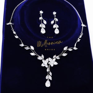 Swarovski Crystal Flower Vine Leaves Necklace, Long Bridal Jewelry, Bridal Earrings And Necklace, Statement Earrings Cz Necklace Set.