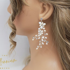 Swarovski Freshwater Pearls White Flower Petals Crystal, Long Bridal Jewelry Bridal Earrings Crystal Bridal Earrings Statement Earrings Cz