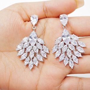 Cubic Zirconia, Floral Peacock long Dangle Crystal, Diamond Earrings, Bridal Jewelry, Bridal Earrings, Bridal Earrings, Statement Earrings