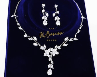 Collier de feuilles de vigne en cristal de Swarovski, bijoux de mariée longs, boucles d'oreilles et collier de mariée, ensemble de colliers de boucles d'oreilles en cz.