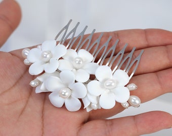 Natural Pearl Ray Of Shine Porcelain Comb, Ceramic White Flower Long Bridal Earrings Statement Earrings Cz