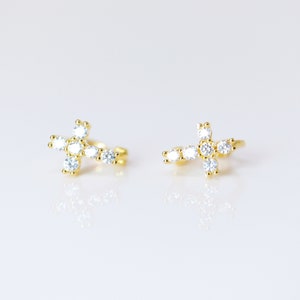 6mm Swarovski Crystal 14k Gold And Sterling Silver Cross Cartilage Hoop Earrings, Statement Earrings, Upper Helix Hoop Earrings.