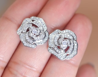 Enchanting Rose Radiance: Swarovski Crystal Rose Stud Earrings for Brides, Crystal Bridal Earrings, Statement Earrings Cz