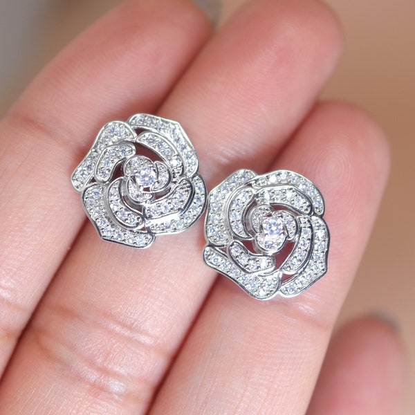 Enchanting Rose Radiance: Swarovski Crystal Rose Stud Earrings for Brides, Crystal Bridal Earrings, Statement Earrings Cz