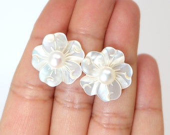 Natural Freshwater Pearls With Mother Of Pearl Carved Flower Earrings, Bridal Jewelry Bridal Stud Earrings Pearl Stud Statement Earrings