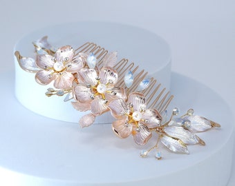 Swarovski cristal faux perla floral vid hojas ópalo peine de pelo nupcial, pieza de pelo de novia, algo peine de pelo azul, accesorio de pelo de boda.