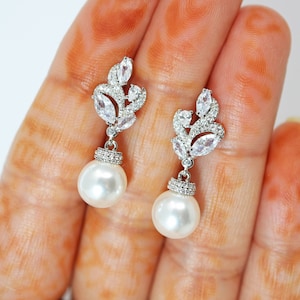 Cubic Zirconia White Pearl drop Dainty stud Earrings, Bridal Jewelry, Bridal Stud Earrings, Crystal Bridal Earrings, Statement Earrings Cz