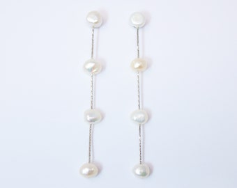 14k Gold 4 Freshwater Cultured pearl Bezel Earrings, Long Bridal Jewelry, Sterling Silver Pearl Bridal Earrings, Statement Earrings.