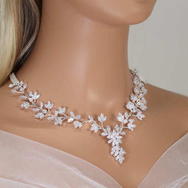 Swarovski Crystal Shimmering Leaf Veil Diamond/Crystal Necklace Set, Bridal Necklace Set, Bridal Jewelry, Statement Necklace