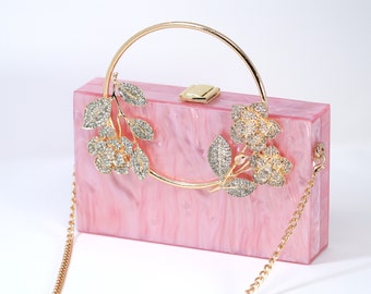 Pink Gold Floral Acrylic Rhinestones Wedding Bag, Statement Bag, Evening Clutch, Wedding Clutch, Bridal Clutch, Bridal Cross body bag.