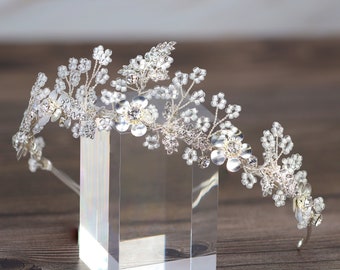 Swarovski Crystal Silver Floral Garden Of Heaven Tiara , Long Bridal Jewelry Crystal Flower Tiara Bridal Earrings Statement Earrings