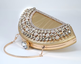 Half Moon Rhinestones Wedding Bag, Statement Bag, Evening Clutch, Wedding Clutch, Bridal Clutch, Bridal Cross body bag.