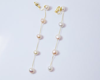 Clip on 14k Gold 5 Freshwater Cultured pearl Bezel Earrings, Long Bridal Jewelry, Sterling Silver Pearl Bridal Earrings, Statement Earrings.