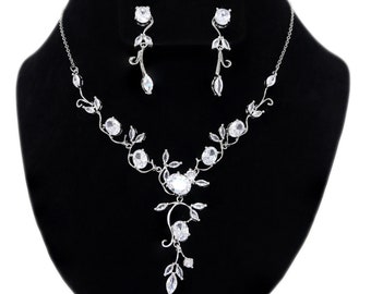 Swarovski Crystal Floral Vine Leaves Necklace, Long Bridal Jewelry, Bridal Earrings And Necklace, Statement Earrings Cz Necklace Set.