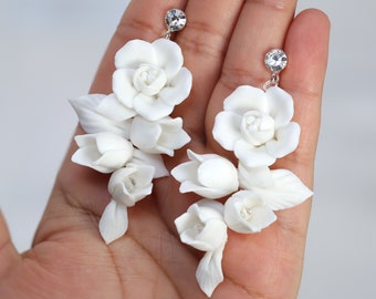 Porcelain/Ceramic White Flower Rose Petals Rhinestone Cascade Earrings, Long Bridal Jewelry, Bridal Crystal Statement Earrings Cz