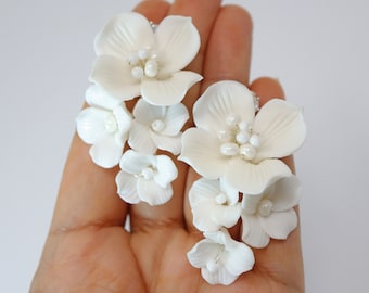 Swarovski Porcelain Ceramic White Flower Pearl Sparkling Crystal Long Bridal Jewelry Crystal Bridal Earrings Statement Earrings Cz