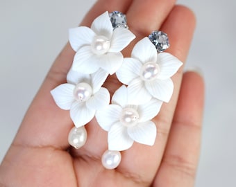 Natural Pearl Swarovski Porcelain Ceramic White Flower Pearl Sparkling Crystal Long Crystal Bridal Earrings Statement Earrings Cz