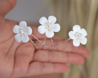 Set Of 3 Natural Pearl Ray Of Shine Porcelain Hair Pins, Ceramic White Flower Long Bridal Earrings Statement Earrings Cz