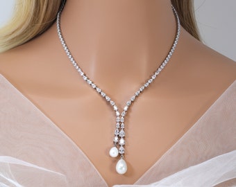 Elegant 2 Pearl Drops V Necklace Set, Dainty Bridal Jewelry Set, Gift For Her, Bridesmaid, Minimalist CZ Jewelry