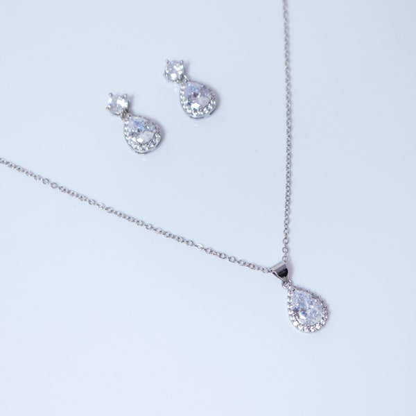 Cubic Zirconia Sterling Silver Dainty Teardrop Necklace And Earrings Set , Bridal Jewelry, Statement Earrings Cz, Necklace Set