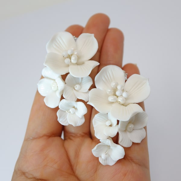 Swarovski Porcelain Ceramic White Flower Pearl Sparkling Crystal Long Bridal Jewelry Crystal Bridal Earrings Statement Earrings Cz