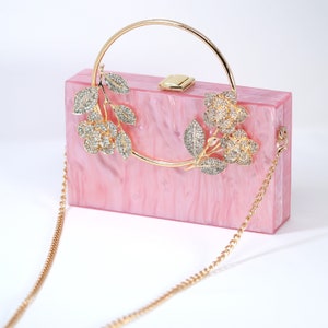 Pink Gold Floral Acrylic Rhinestones Wedding Bag, Statement Bag, Evening Clutch, Wedding Clutch, Bridal Clutch, Bridal Cross body bag.