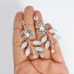 Swarovski Crystal Blue Floral Opal Leaves Earrings, Opal Hair comb Statement Earrings Cz