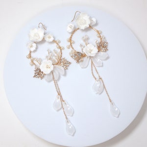 White Floral Vine Chandelier Earrings, Long Bridal Jewelry Bridal Earrings Crystal Bridal Earrings Statement Earrings Cz