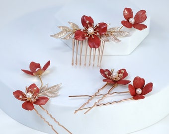Swarovski Crystals Faux Pearl Red floral Bouquet Hair Comb' Bridal Hair Accessories, Wedding Hair Accessory, Bridal Hair Comb And Pins Set.