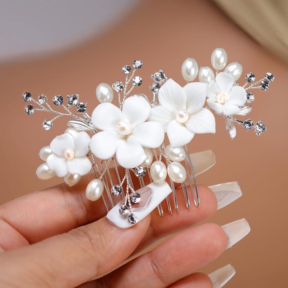 Yvonne’s Bridal Gallery  White Floral Hair Comb with Crystal Accents Bridal Hair Comb with White Resin Flowers, Crystals and  main image 2