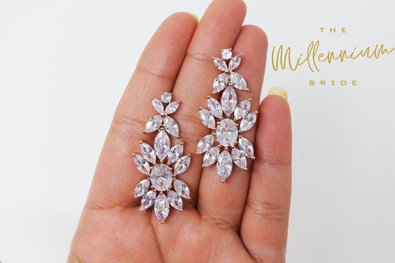 Rose Gold Floral Swarovski Crystal/Diamond earrings Long Bridal Jewelry Bridal Earrings Crystal Bridal Earrings Statement earrings Cz image 2